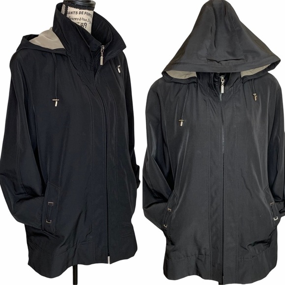 Gallery Hooded Trench Coat Size LP Black Long Zip Rain Resistant Detachable Hood - Picture 1 of 13